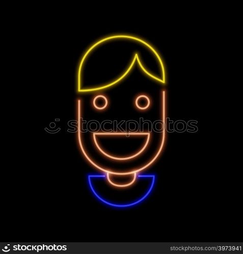 Man smiling avatar neon sign. Bright glowing symbol on a black background. Neon style icon.