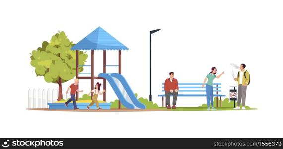 Man smoking at children playground semi flat RGB color vector illustration. Woman criticizing young man. No smoking public space, park. Isolated cartoon characters on white background. Man smoking at children playground semi flat RGB color vector illustration