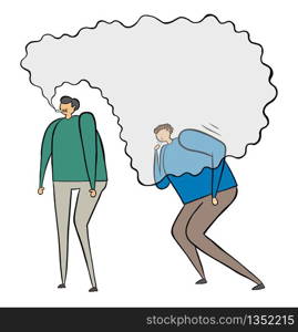 Man smoking cigarette in public area and the other man was disturbed by the smoke and coughing vector illustration. Black outlines and colored.