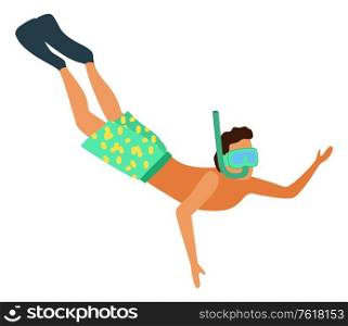 Man snorkeling in diving mask isolated. Vector male with tube going to dive, underwater floating person in shorts and flippers, waving hand. Summer activities. Man Snorkeling in Diving Mask Isolated Vector Male