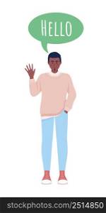 Man speaking american english semi flat color vector character with speech bubble. Standing figure. Full body person on white. Simple cartoon style illustration for web graphic design and animation. Man speaking american english semi flat color vector character with speech bubble
