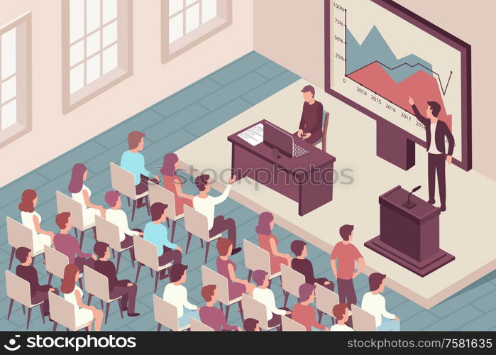 Man speaking at scientific conference isometric background 3d vector illustration