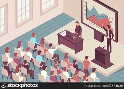 Man speaking at scientific conference isometric background 3d vector illustration