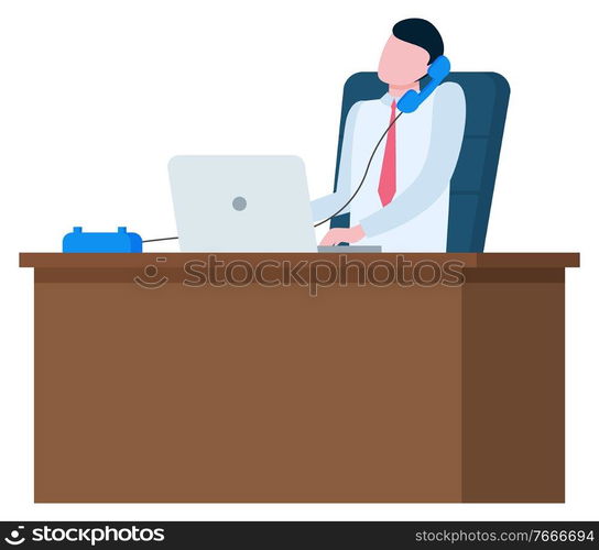 Man speaking on telephone at workplace with notebook isolated. Person sitting on chair and talking, online consultant at work, flat cartoon style person in tie. Man Speaking Telephone at Workplace with Notebook