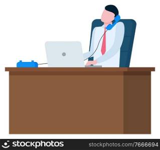 Man speaking on telephone at workplace with notebook isolated. Person sitting on chair and talking, online consultant at work, flat cartoon style person in tie. Man Speaking Telephone at Workplace with Notebook