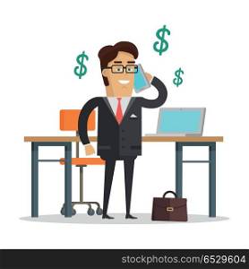 Man Speaking on Telephone Near the Desk Isolated. Man speaking on telephone near the desk isolated on white. Office work interior design. Men in office room, business man discusses issues connected with money. Marketing concept. Vector illustration