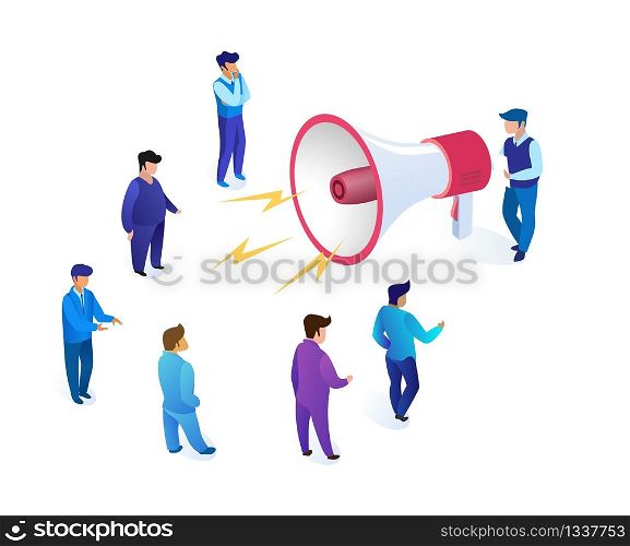 Man Speaks into Portable Speaker Cartoon Flat. Energy Transfer Efficiency from One Man to Group People Vector Illustration White Background. Men Business Suits Listen to Manager with Mouthpiece.
