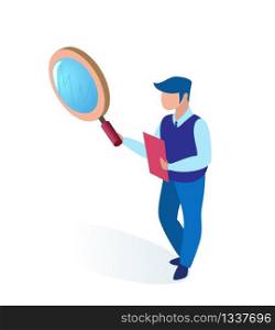 Man Specialist in Holds Magnifier and Folder. Vector Illustration White Background. Specialist in Analytical Department Uses Tools to Analyze Details and Features Research Project.. Man Specialist in Holds Magnifier and Folder.