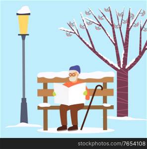 Man spending time outdoors, senior character with white beard wearing warm clothes sitting on wooden bench in winter park. Relaxation of pensioner outdoors. Grandfather with stick, vector in flat. Senior Man Reading Newspaper in Winter City Park