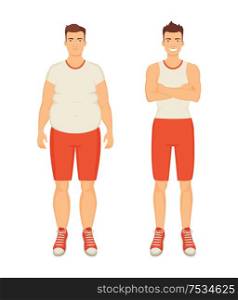Man sportive and fat person isolated icons set vector. People with different body types. Obesity and sport guy smiling, healthy human happy of it. Man Sportive and Fat Person Vector Illustration