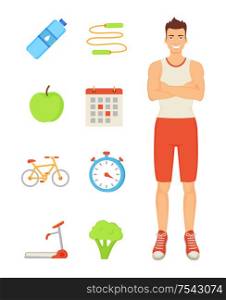 Man sportive person isolated icons. Smiling slim muscular guy with apple and bottle with water. Jumping rope, broccoli and timer for trainings vector. Man Sportive Person Icons Vector Illustration