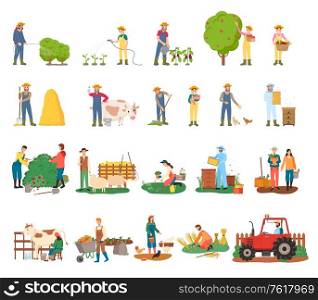 Man spraying bushes vector, woman gathering fruits from tree, harvesting and beekeeping, sheep and cow, harvest on plantation and tractor machinery. Farmers on farm. Farmers Busy with Farming and Agricultural Works