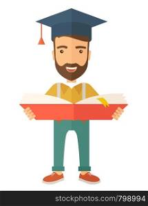 Man sstanding and reading a book, wearing graduation cap, representing to be graduated in studying or finished school or university. A Contemporary style. Vector flat design illustration isolated white background. Vertical layout. Man standing with graduation cap.