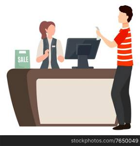 Man stand near checkout table with receipt. Woman working in market as cashier and assistant. Guy buy products and seller charge payment. Sale in store, caption on label. Vector illustration in flat. Man Pays Seller at Checkout for Products in Shop