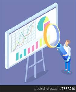 Man stand near statistics chart on board and look on it through magnifying glass. Data graph with diagrams and company information. Guy holding big hand lens. Vector illustration in flat style. Man Look at Data Chart on Board with Hand Lens