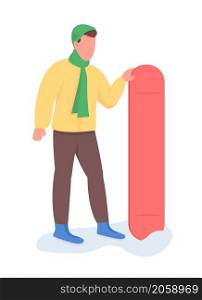 Man stand with snowboard semi flat color vector character. Posing figure. Full body person on white. Winter fun isolated modern cartoon style illustration for graphic design and animation. Man stand with snowboard semi flat color vector character