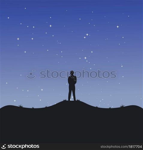 man standing alone on hill at night vector illustration background design template