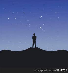 man standing alone on hill at night vector illustration background design template