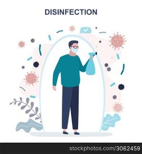 Man standing and disinfects. Male character is protected from coronavirus and diseases. Disinfection and protection against viruses and germs. Protective mask on face. Vector illustration