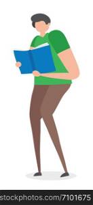Man standing and reading book, hand-drawn vector illustration. Colored flat style.