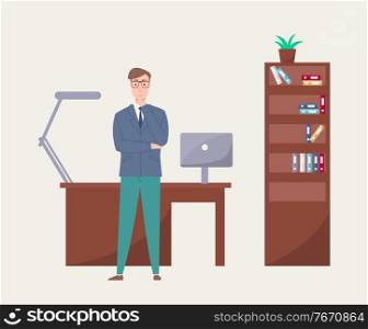 Man standing and thinking, office interior, wooden desktop with computer and l&, locker with books and plant, worker full length view, workplace vector. Workplace View, Thinking Worker, Office Vector