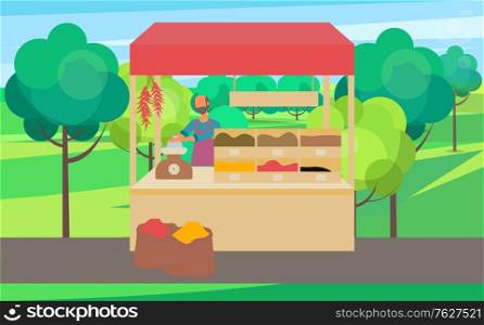Man standing at counter of greengrocers shop or marketplace and selling fruits and vegetables. Fresh farm food, selling organic products tent, vendor in apron in park vector. Man Selling Products in Tent on Street Vector