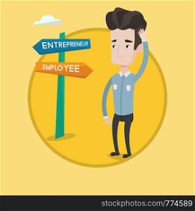 Man standing at road sign with two career pathways - entrepreneur and employee. Man choosing career pathway. Career choice concept. Vector flat design illustration in the circle isolated on background. Confused man choosing career pathway.