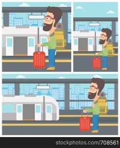 Man standing at the train station on the background of train with open doors. Young man with suitcase waiting for a train. Vector flat design illustration. Square, horizontal, vertical layouts.. Man at the train station vector illustration.