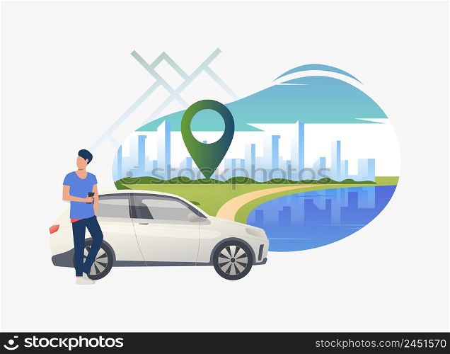 Man standing by car with cityscape in background. Transport, vehicle concept. Vector illustration can be used for topics like business, car sharing service, transportation