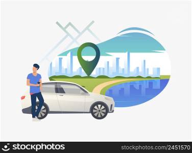 Man standing by car with cityscape in background. Transport, vehicle concept. Vector illustration can be used for topics like business, car sharing service, transportation