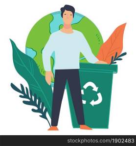 Man standing by container of garbage with recycling sign. Caring for planet earth and nature protection and reservation. Environmental and ecological awareness of person. Vector in flat style. Ecological awareness, recycling of garbage vector
