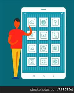 Man standing by mobile phone and holding cloud button for uploading files to web storage, modern device and human isolated on vector illustration. Man Standing by Mobile Phone Vector Illustration