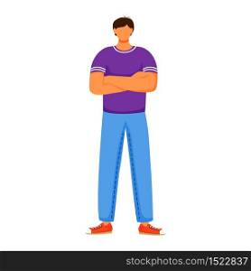 Man standing flat color vector illustration. Boy wearing jeans, violet tshirt and red trainers. Male figure standing with arms crossed isolated cartoon character on white background