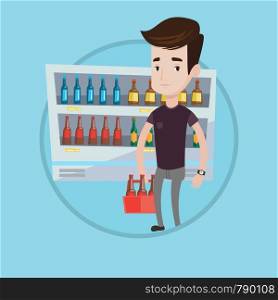 Man standing in alcohol store with pack of beer on the background of refrigerator with bottles of beer. Caucasian man bying beer. Vector flat design illustration in the circle isolated on background.. Man with pack of beer at supermarket.