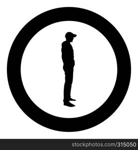 Man standing in cap view with side icon black color vector in circle round illustration flat style simple image. Man standing in cap view with side icon black color vector in circle round illustration flat style image