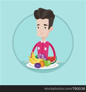 Man standing in front of table full of fresh fruits. Caucasian man with plate full of fruits. Man eating fresh healthy fruits. Vector flat design illustration in the circle isolated on background.. Man with fresh fruits vector illustration.