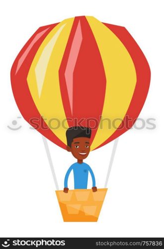 Man standing in the basket of hot air balloon. Man flying in a hot air balloon. Man traveling in aerostat. Guy riding a hot air balloon. Vector flat design illustration isolated on white background.. Man flying in hot air balloon vector illustration.