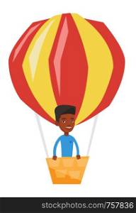 Man standing in the basket of hot air balloon. Man flying in a hot air balloon. Man traveling in aerostat. Guy riding a hot air balloon. Vector flat design illustration isolated on white background.. Man flying in hot air balloon vector illustration.