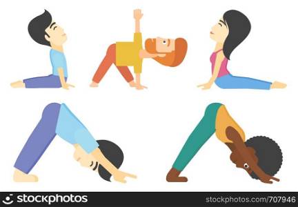 Man standing in yoga downward facing dog pose. Woman meditating in yoga upward dog position. Man standing in yoga triangle pose. Set of vector flat design illustrations isolated on white background.. Vector set of men and women practicing yoga.