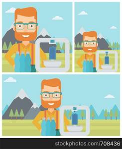 Man standing near 3D printer on the background of mountains. Three D printer making a smartphone using recycled plastic bottles. Vector flat design illustration. Square, horizontal, vertical layouts.. Man with three D printer vector illustration.
