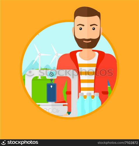 Man standing near 3D printer on the background of wind turbines. 3D printer making a smartphone using recycled plastic bottles. Vector flat design illustration in the circle isolated on background.. Man with three D printer.
