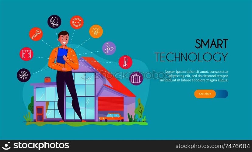 Man standing near building equipped with smart home system colorful horizontal banner flat vector illustration
