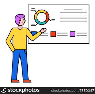 Man standing near statistics chart and looking on it. Person explaining or consulting people about business. Data graph with captions on white board. Guy working in office, vector minimalist picture. Man Looking at Data Chart on Board, Business Tool