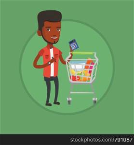 Man standing near supermarket trolley with calculator in hand. Man checking prices on calculator. Customer counting on calculator. Vector flat design illustration in circle isolated on background.. Customer counting on calculator.