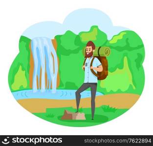 Man standing near waterfall, hiking hobby, green landscape. Smiling man holding backpack, portrait view of climber near cascade and lake, mountain vector. Hiker near Waterfall, Male Hiking, Hobby Vector