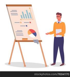 Man standing near wooden flipchart with diagram or pie chart, graphs, data, chart, infographics. Business presentation at board. Report screen with statistics, business strategies, financial plan. Man standing near wooden flipchart with diagram or pie chart, graphs, data, chart, infographics