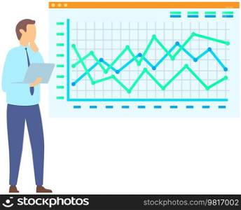 Man standing next to flipchart with diagram. Presentation board with statistical data. Business report showroom with poster and lecturer. Businessman demonstrates results of statistical research. Man standing near flipchart with diagram. Businessman conducts presentation of statistical research