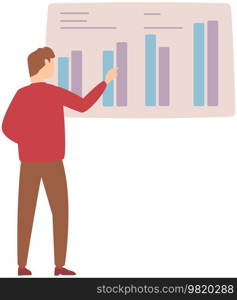 Man standing next to flipchart with diagram. Presentation board with statistical data. Business report showroom with poster and lecturer. Businessman demonstrates results of statistical research. Man standing near flipchart with diagram. Businessman conducts presentation of statistical research