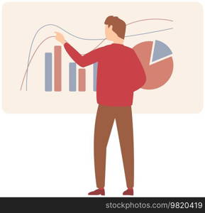 Man standing next to flipchart with diagram. Presentation board with statistical data. Business report showroom with poster and lecturer. Businessman demonstrates results of statistical research. Man standing near flipchart with diagram. Businessman conducts presentation of statistical research