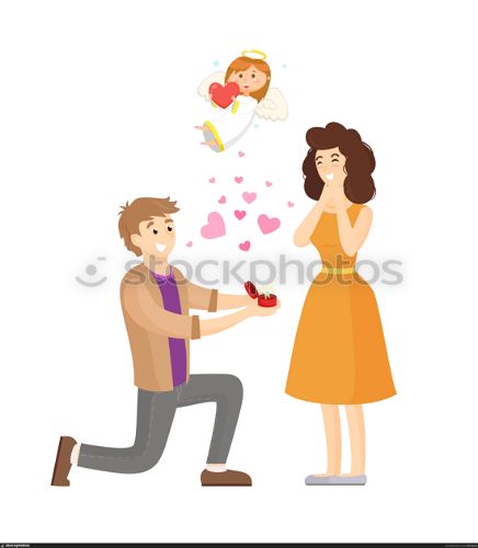 Man standing on knee and making proposition vector, surprised woman, angel above people. Bride and groom happy of engagement, marriage of pair in love. Proposal of Man, Romantic Moment, Angel Child